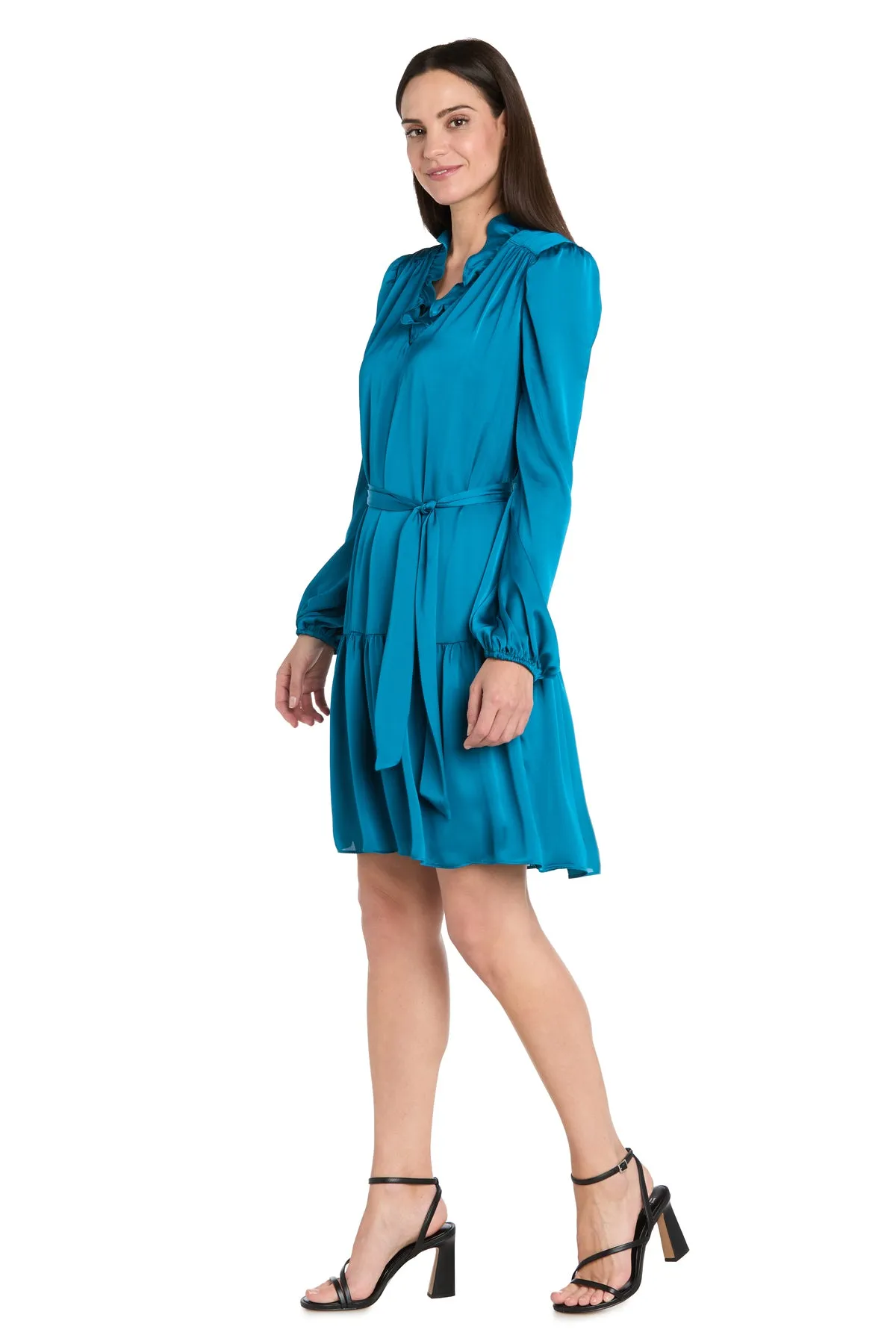 Silky Charmeuse Mini Dress with V-Neckline, Belt Sash & Long Sleeves sold by R&M Richards product image thumbnail 4