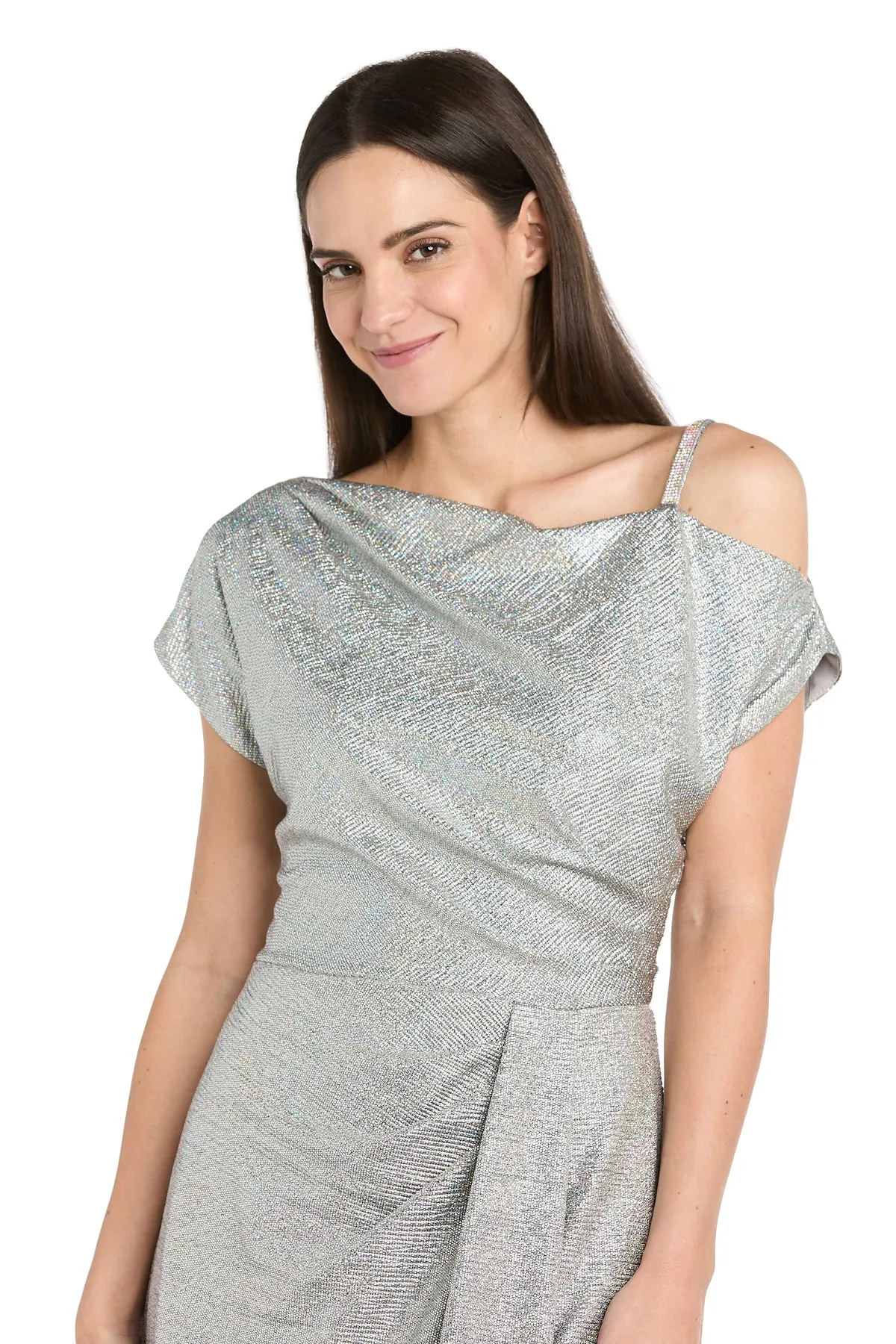 Silver Metallic Gown with Off-Shoulder Sleeve, Rhinestone Strap - Petite sold by R&M Richards product image thumbnail 3