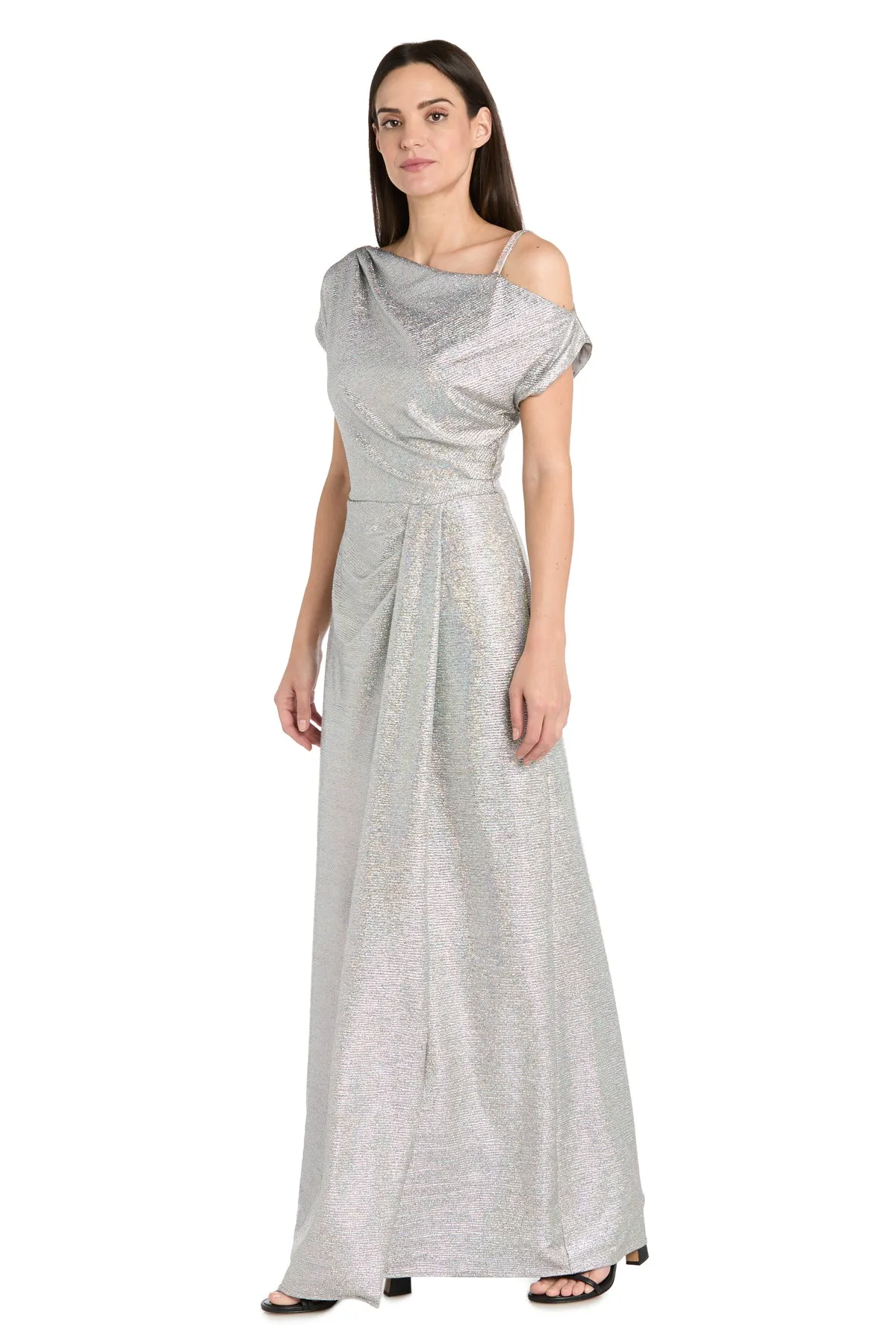Silver Metallic Gown with Off-Shoulder Sleeve, Rhinestone Strap - Petite sold by R&M Richards product image thumbnail 4
