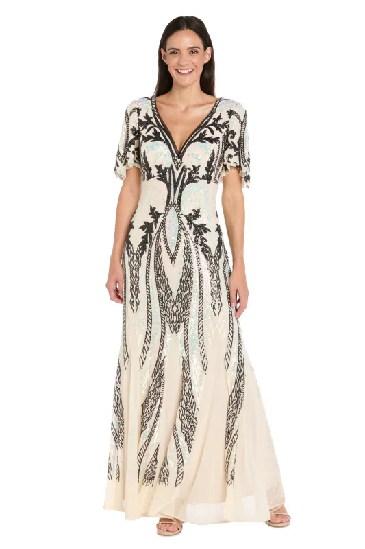 Long Metallic Print Dress with Flutter Sleeves sold by R&M Richards