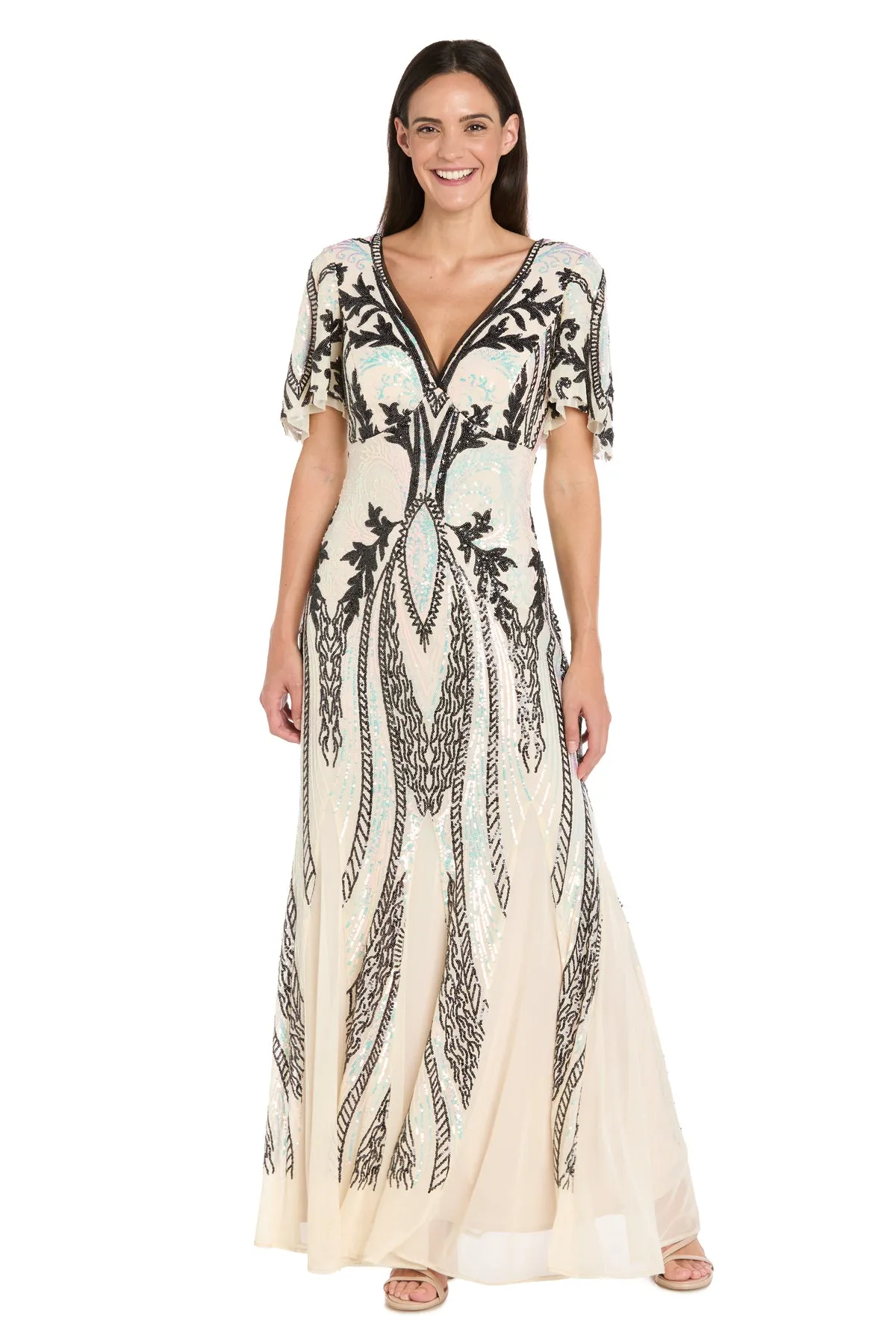 Long Metallic Print Dress with Flutter Sleeves sold by R&M Richards