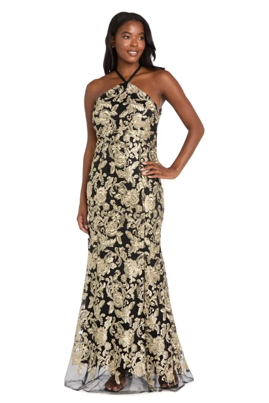 Embroidered Halter Gown with Sheer Hem Detail sold by R&M Richards