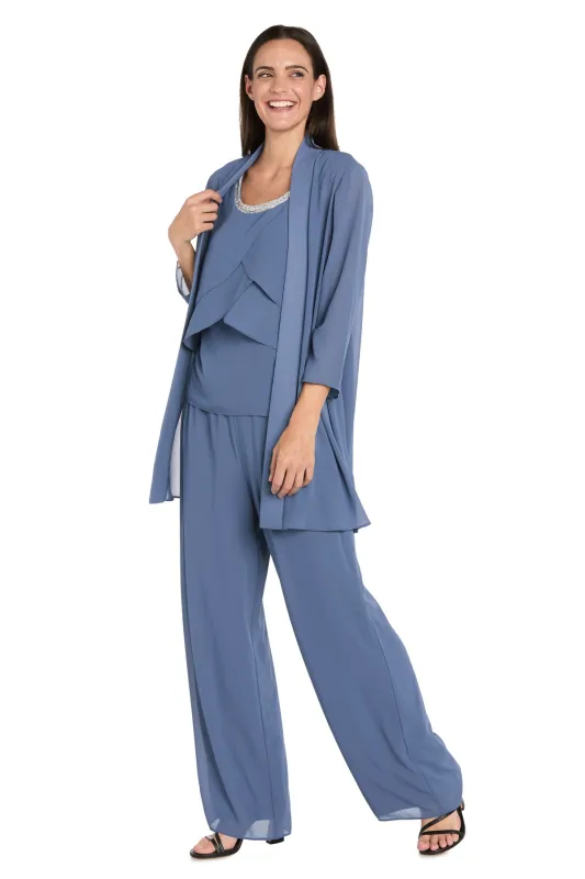 Elegant 3-Piece Chiffon Soufflé Pantsuit with Beaded Necklace Trim & Duster Jacket sold by R&M Richards