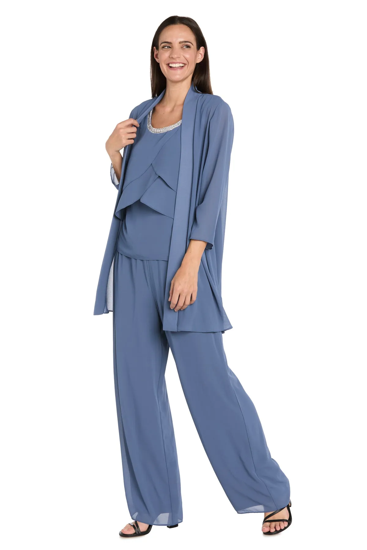 Elegant 3-Piece Chiffon Soufflé Pantsuit with Beaded Necklace Trim & Duster Jacket-Petite sold by R&M Richards