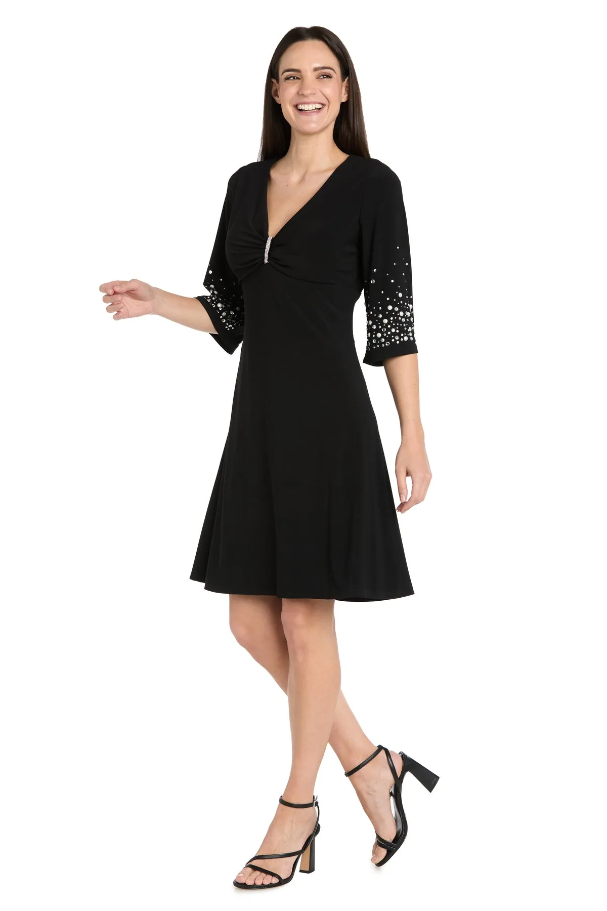 V-Neck Fit and Flare Dress with Rhinestone Pearl Sleeve Detail sold by R&M Richards product image thumbnail 4