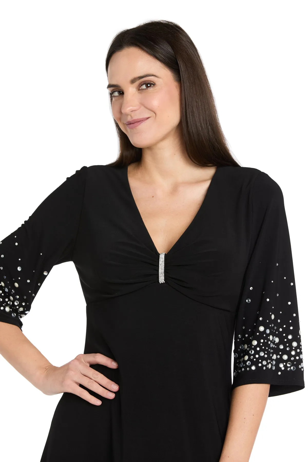 V-Neck Fit and Flare Dress with Rhinestone Pearl Sleeve Detail sold by R&M Richards product image thumbnail 3