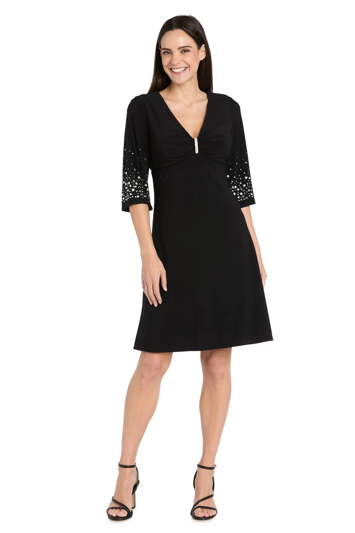 V-Neck Fit and Flare Dress with Rhinestone Pearl Sleeve Detail sold by R&M Richards