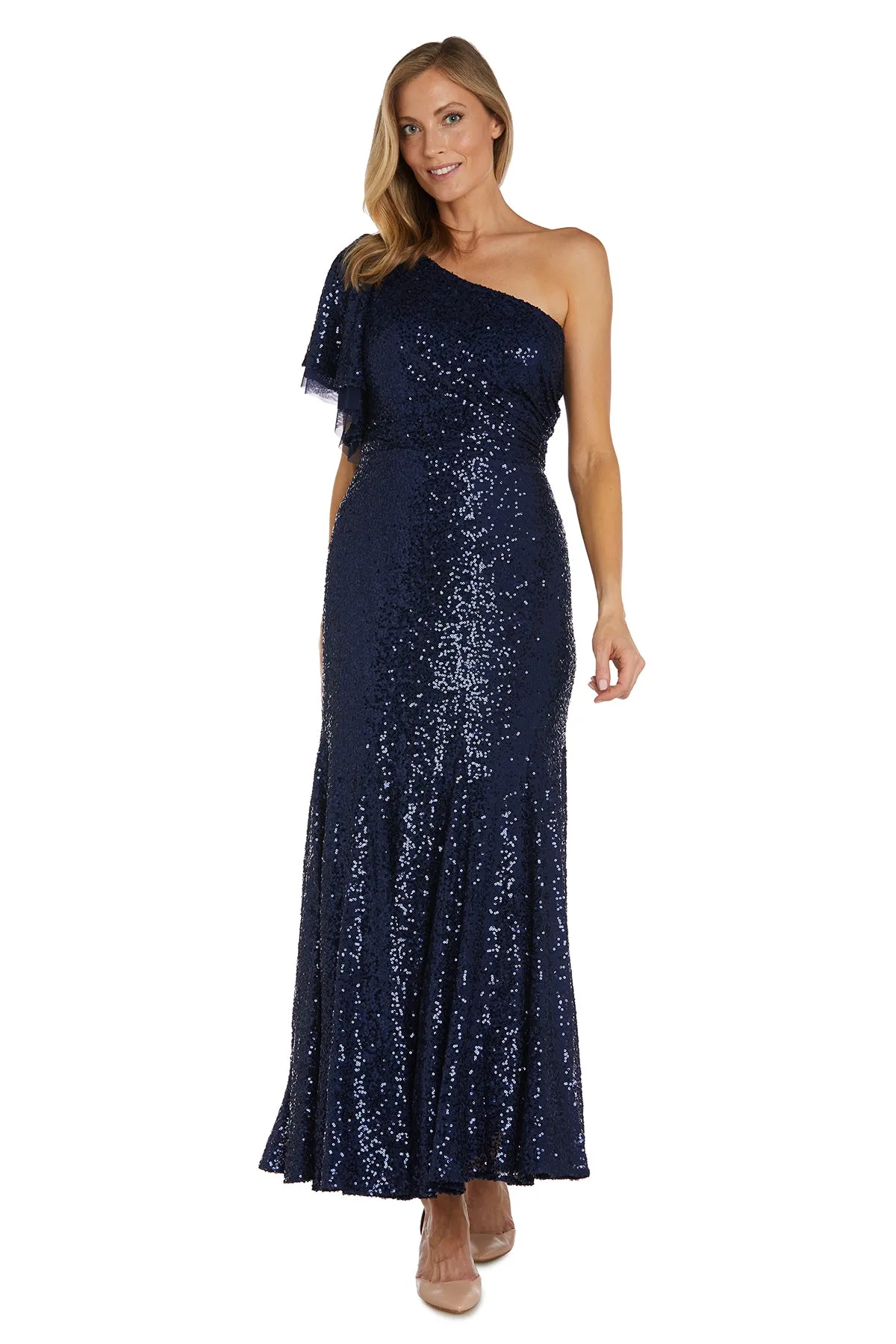 One Shoulder Flutter Sleeve Sequin Gown sold by R&M Richards