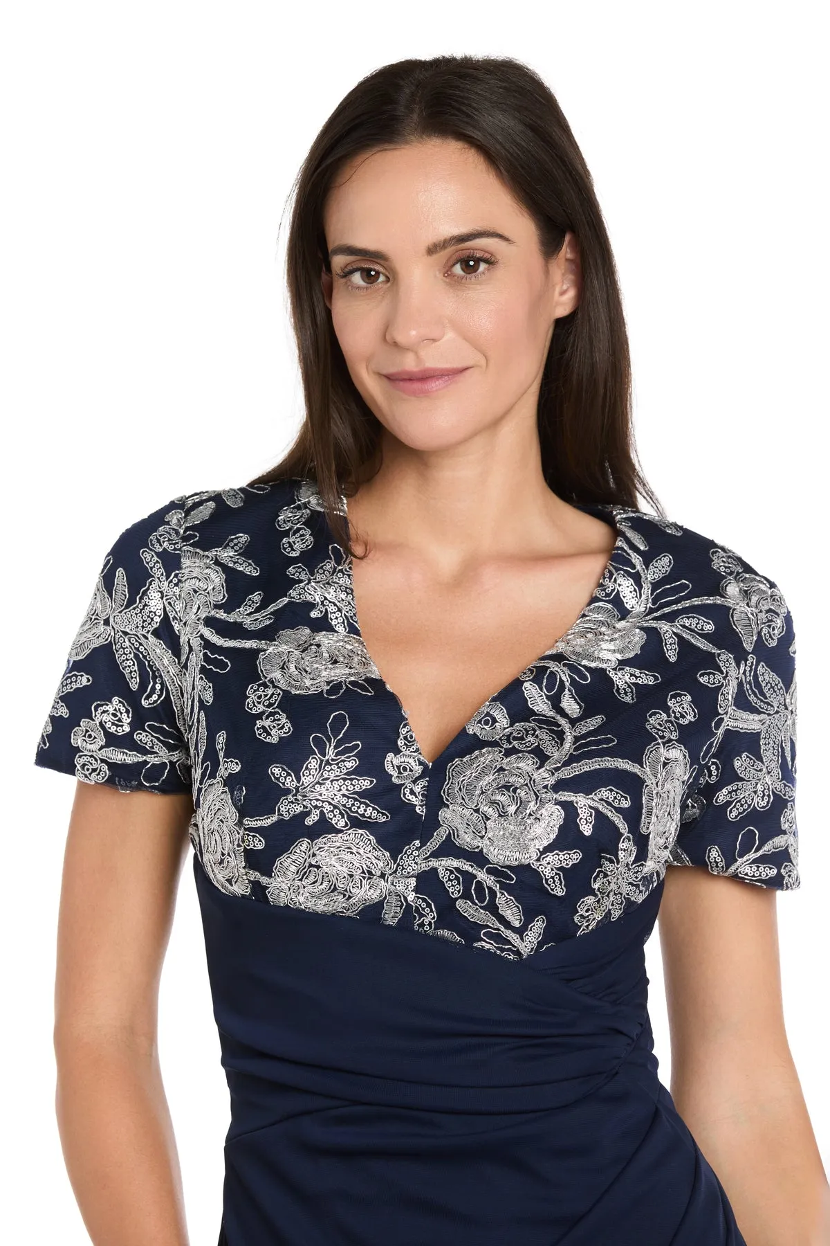 Long Matte Chiffon Dress with Beaded Contrast Floral Bodice sold by R&M Richards product image thumbnail 3