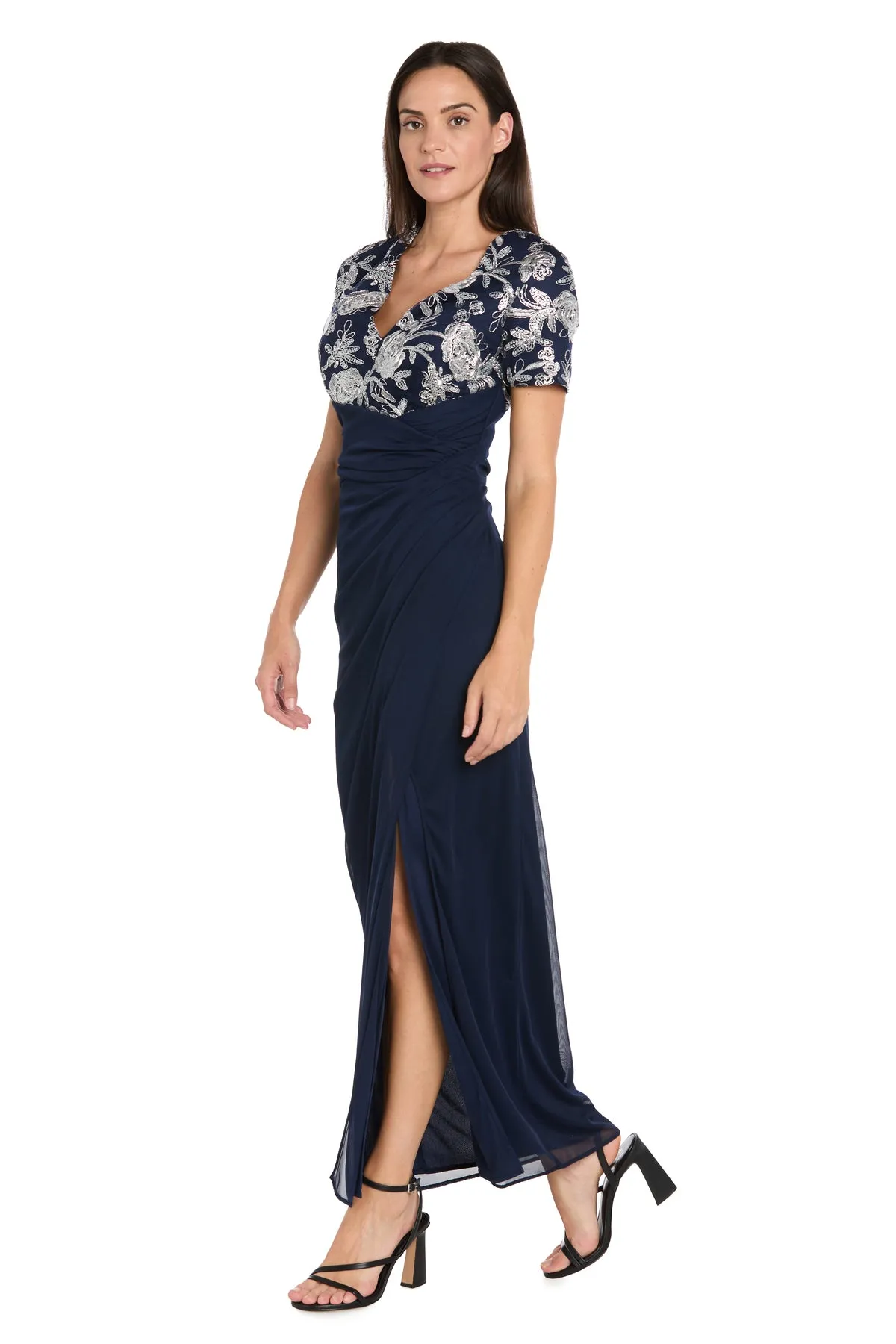 Long Matte Chiffon Dress with Beaded Contrast Floral Bodice sold by R&M Richards product image thumbnail 5