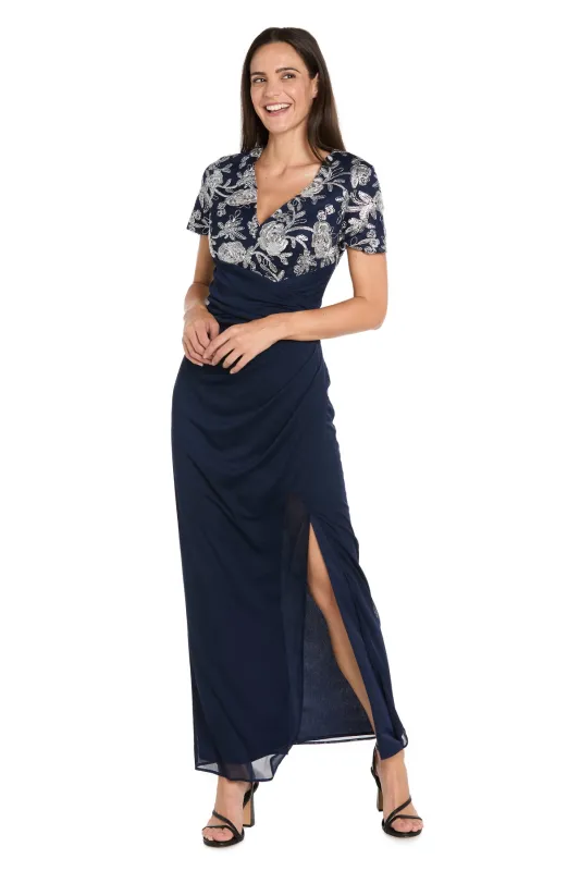 Long Matte Chiffon Dress with Beaded Contrast Floral Bodice made by R&M Richards