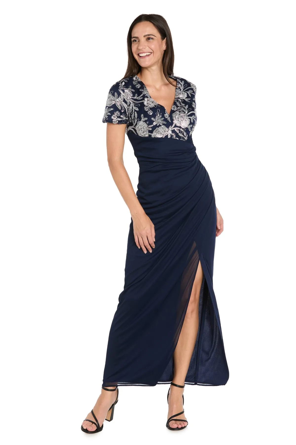 Long Matte Chiffon Dress with Beaded Contrast Floral Bodice sold by R&M Richards product image thumbnail 4