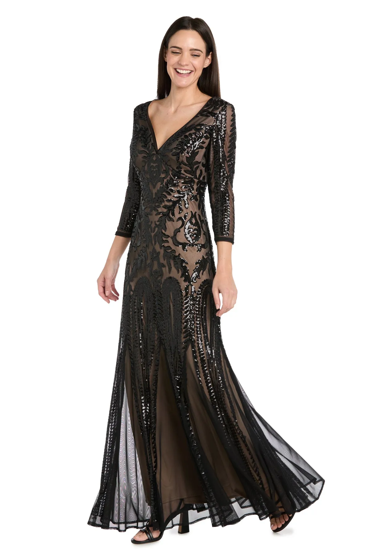 Beaded Evening Dress with Contrast Nude Lining and Godet Skirt sold by R&M Richards
