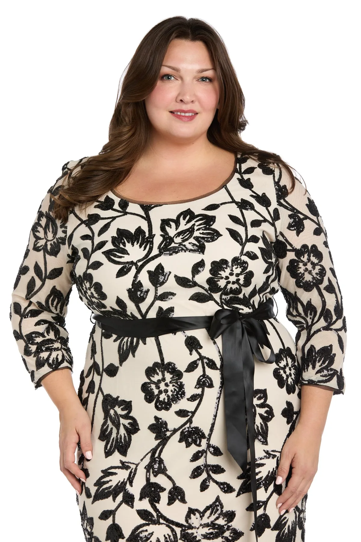 Champagne & Black Long Floral Beaded Gown - Plus sold by R&M Richards product image thumbnail 3