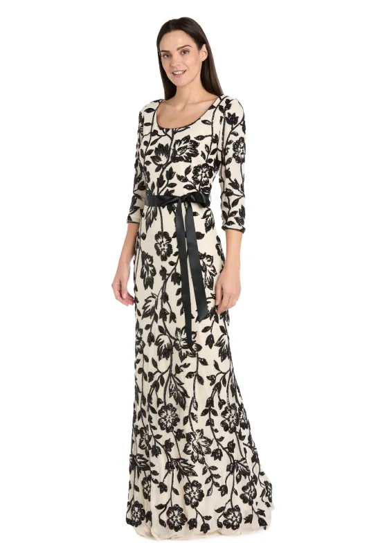 Champagne & Black Long Floral Beaded Gown - Petite sold by R&M Richards