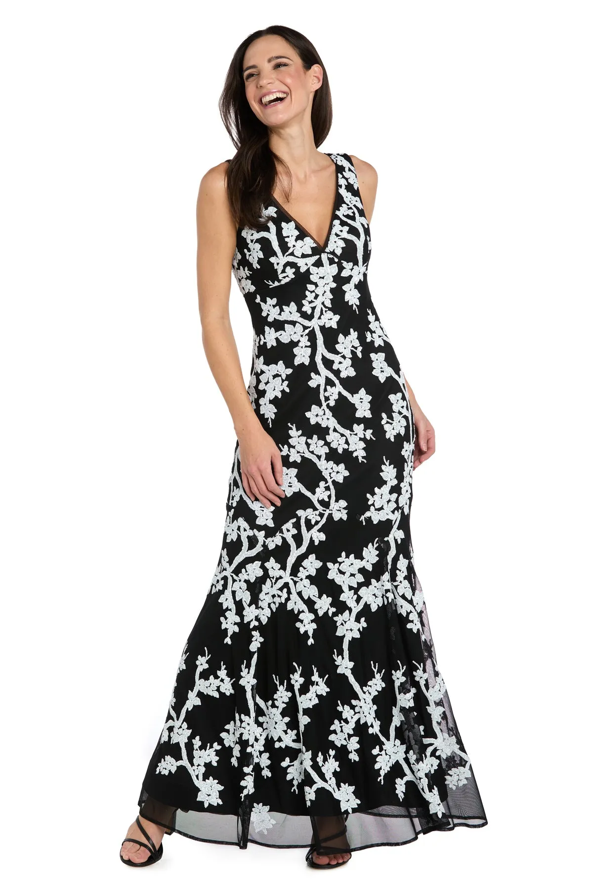 White Floral Sequin Gown with V Neckline sold by R&M Richards