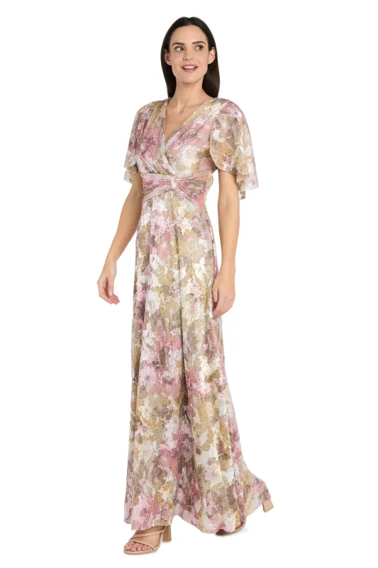 Long Metallic Printed Dress With Flutter Sleeves made by R&M Richards