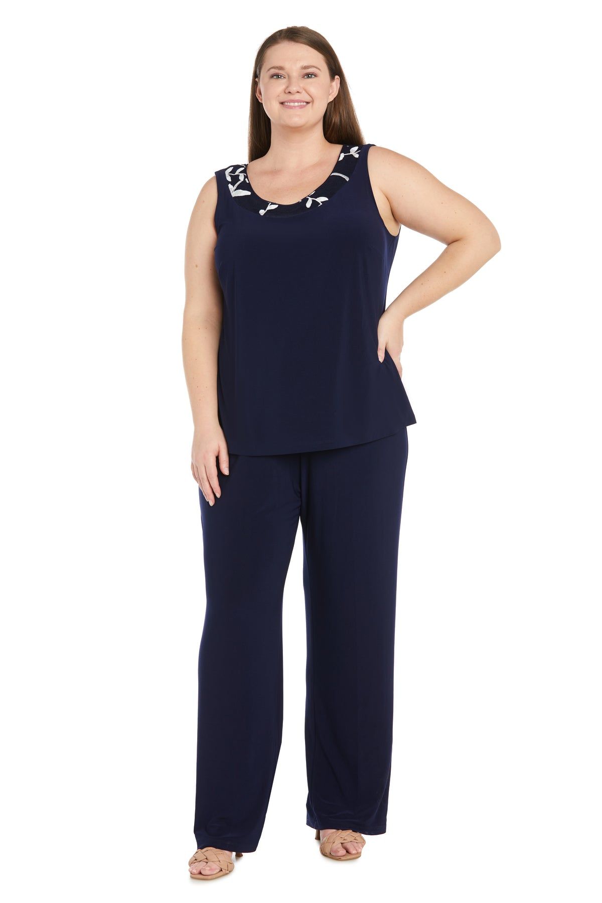 Floral Threadwork Pantsuit with Flair Bell Sleeves - Plus sold by R&M Richards product image thumbnail 3