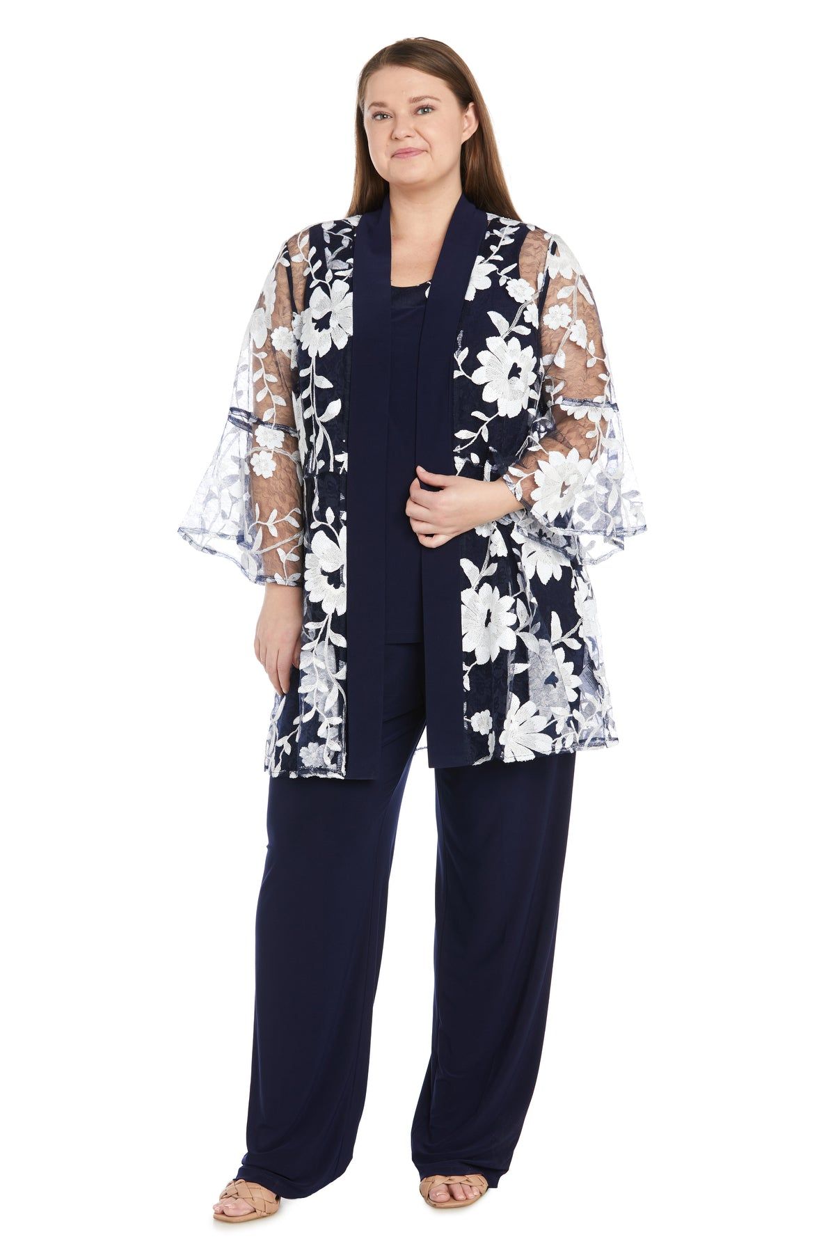 Floral Threadwork Pantsuit with Flair Bell Sleeves - Plus sold by R&M Richards