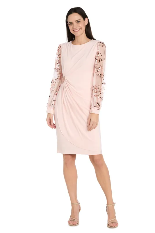 Blush Sequin Sleeve Draped Cocktail Dress sold by R&M Richards