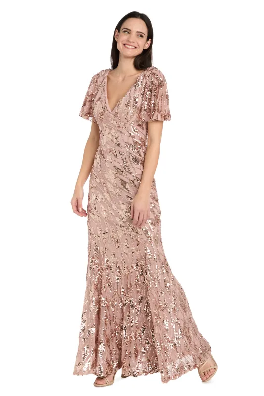 Latte Sequined Flutter Sleeve Gown sold by R&M Richards
