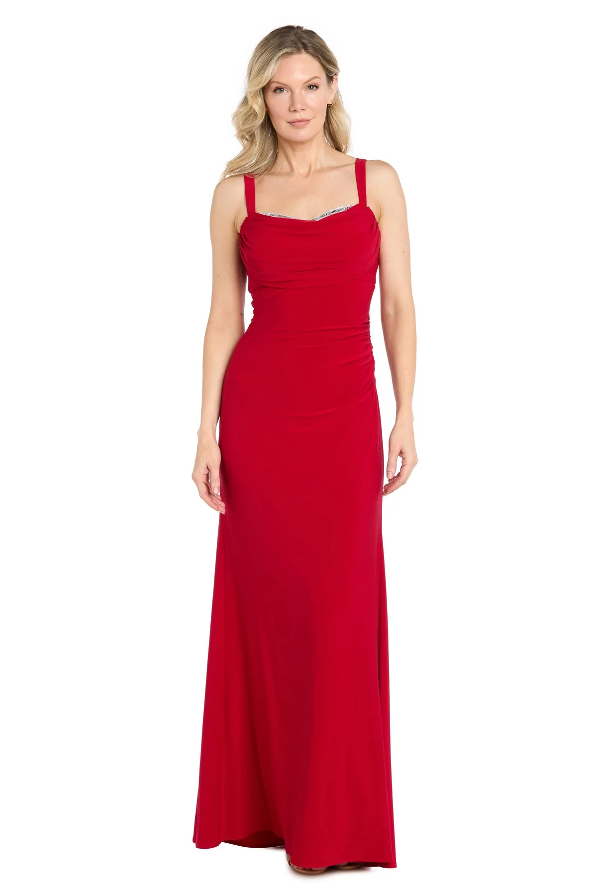 Red Ruched Cowl Neck Gown with Rhinestone Detail sold by R&M Richards