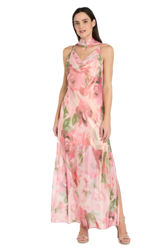 Floral Sheer Maxi Dress with Cowl Neckline, Side Slit & Matching Scarf - Petite made by R&M Richards