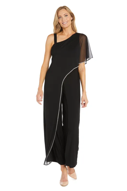 One Shoulder Jumpsuit with Chiffon Overlay and Rhinestone Trim - Petite made by R&M Richards