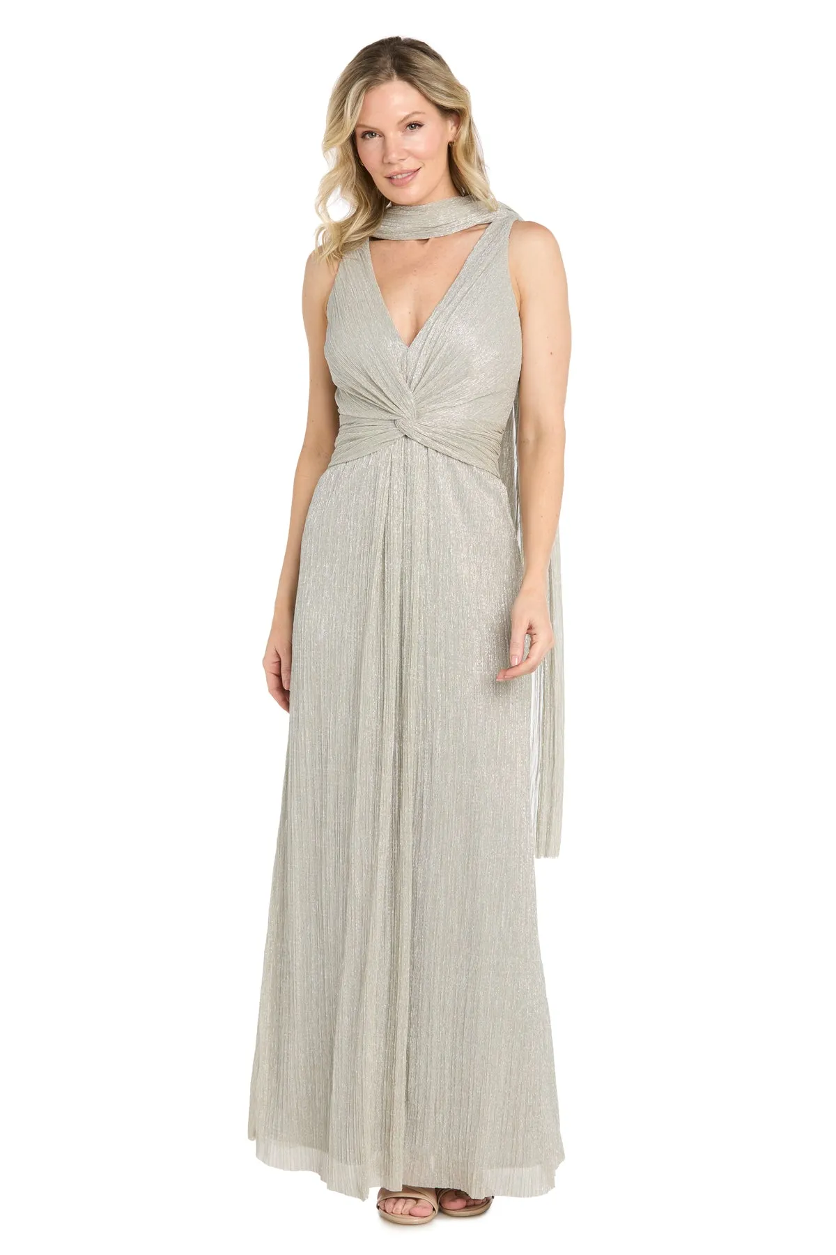 Long Metallic Crinkle Twist Front Gown with Scarf sold by R&M Richards