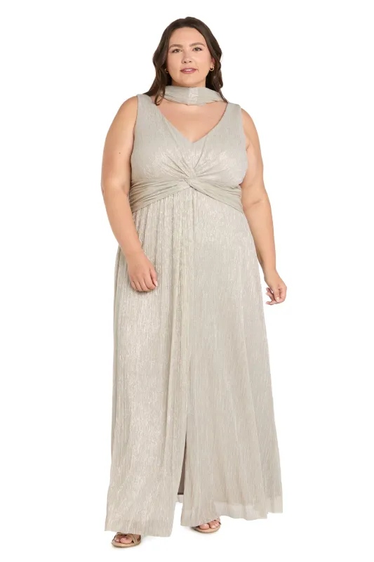 Long Metallic Crinkle Twist Front Gown with Scarf - Plus made by R&M Richards