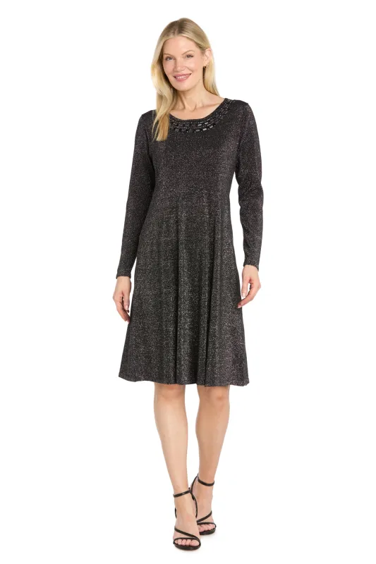 Metallic Fit & Flare Dress with Beaded Neckline made by R&M Richards