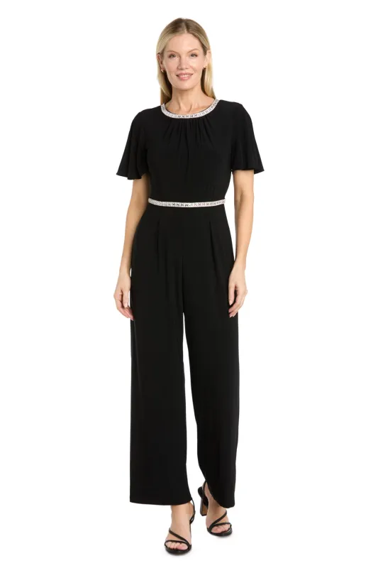 Black Flutter Sleeve Jumpsuit with Rhinestone Details made by R&M Richards