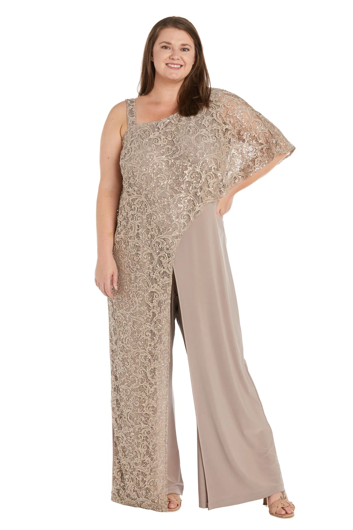 Asymmetric Evening Jumpsuit with Lace and Sequins - Plus sold by R&M Richards