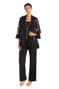 Three Piece Set With Sequin Swing Jacket and Detachable Necklace - Petite sold by R&M Richards