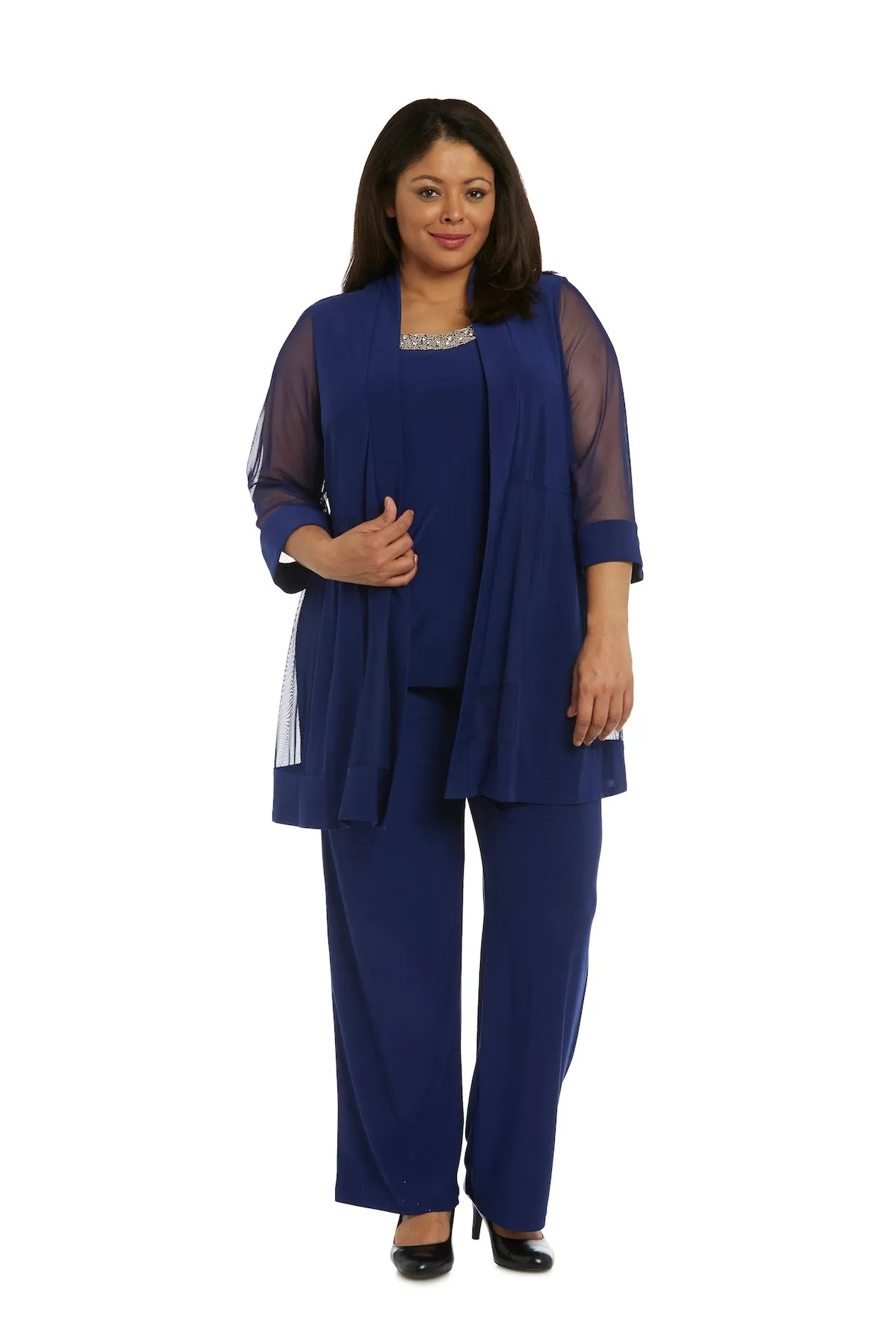 Three Piece Pantsuit With Sheer Sleeves and Neckline Beading - Plus sold by R&M Richards product image thumbnail 3