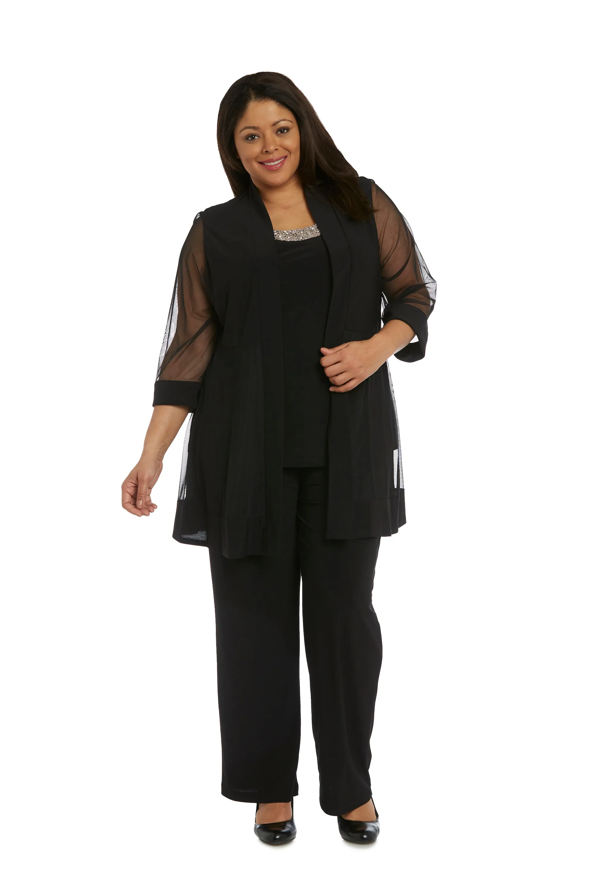 Three Piece Pantsuit With Sheer Sleeves and Neckline Beading - Plus sold by R&M Richards