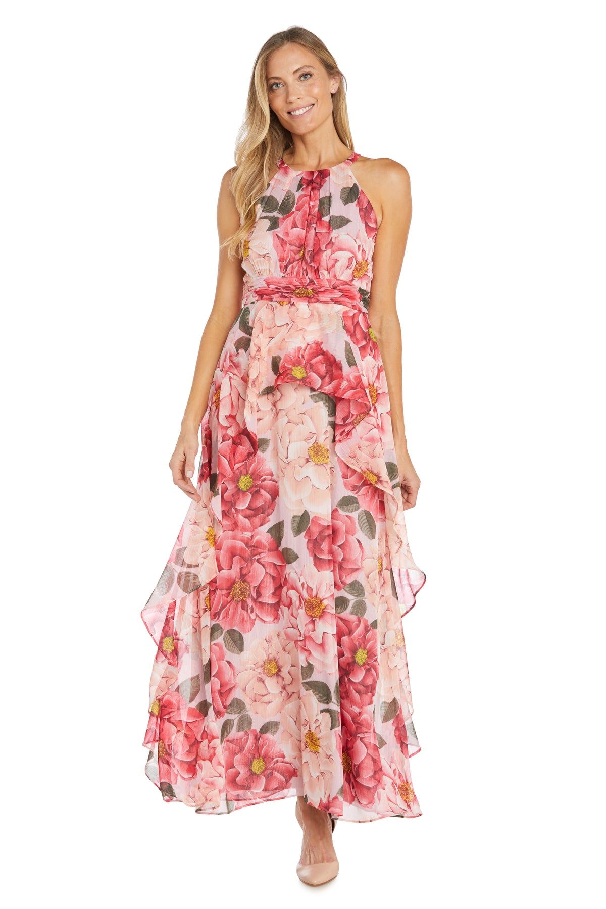 Long Printed Floral Dress with Halter Neckline and Ruffle Skirt sold by R&M Richards