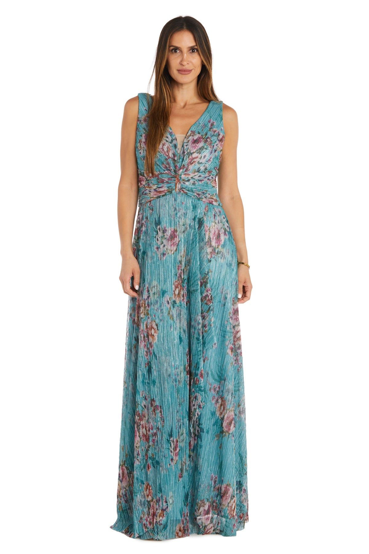 Long Crinkle Pleated V-Neck Gown sold by R&M Richards