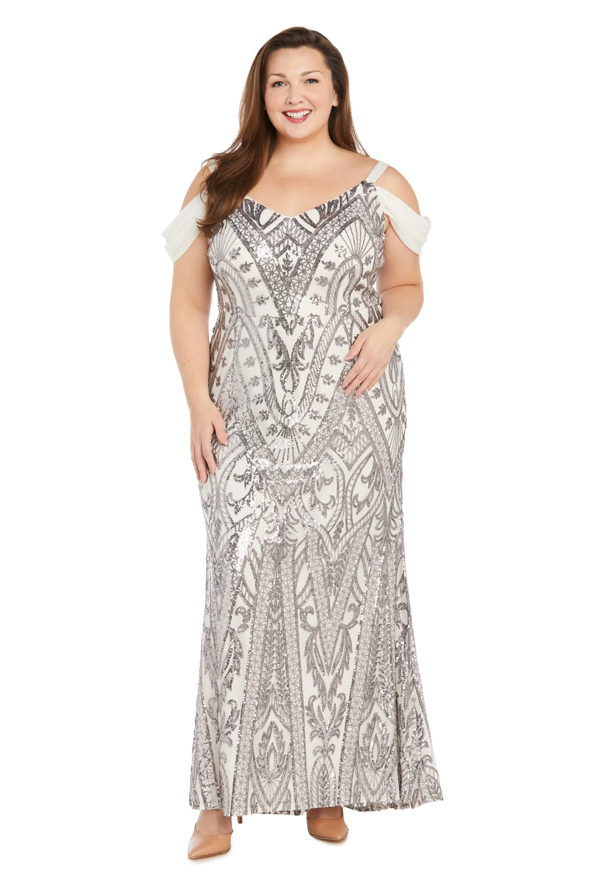 Off The Shoulder Gown with Beautiful Intricate Pattern - Plus sold by R&M Richards