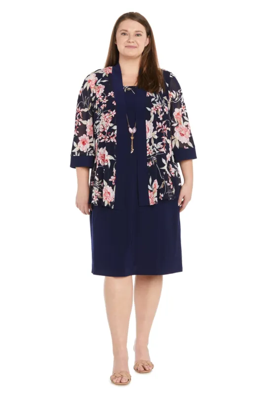 Navy/Coral Printed Jacket Dress - Plus sold by R&M Richards