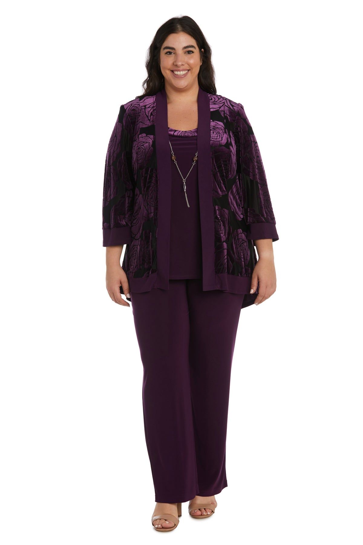 Three-Piece Power Mesh Velvet Jacket and Pant Set with Attached Necklace - Plus sold by R&M Richards
