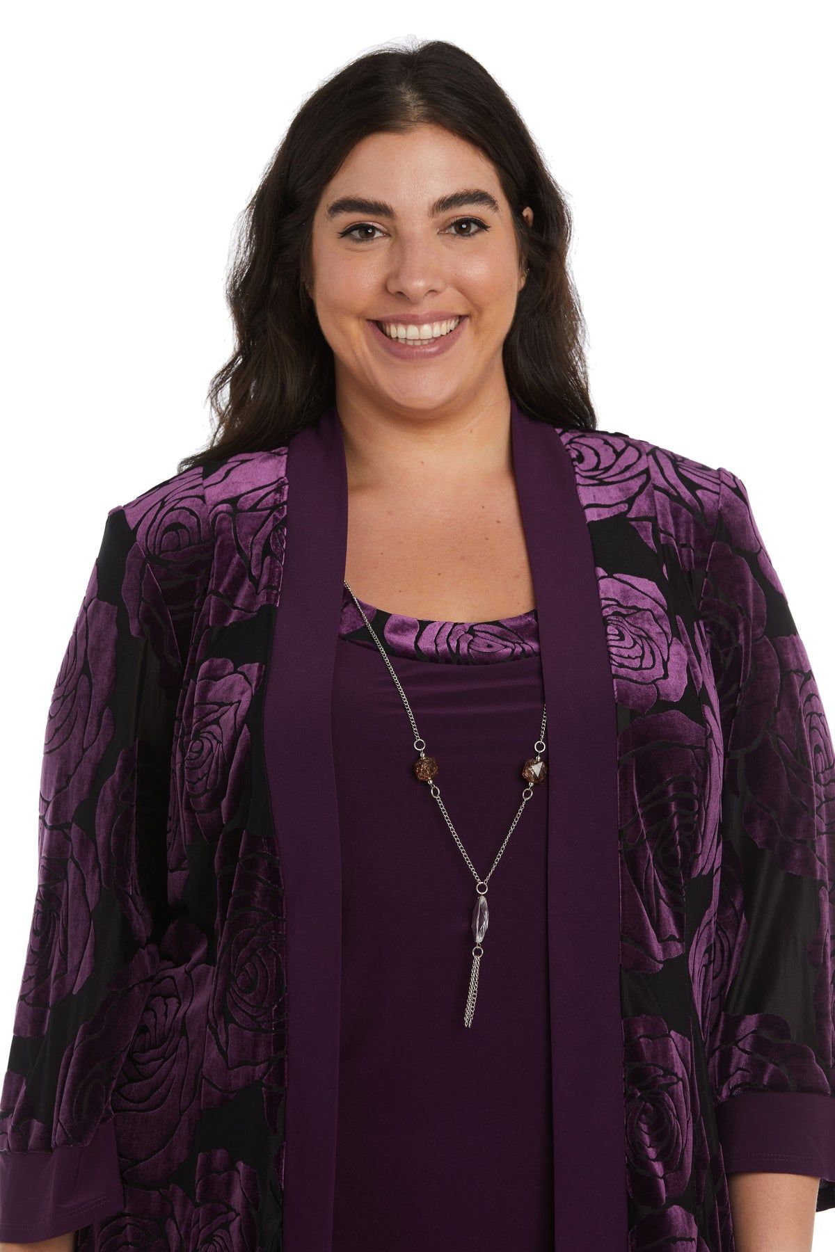Three-Piece Power Mesh Velvet Jacket and Pant Set with Attached Necklace - Plus sold by R&M Richards product image thumbnail 5