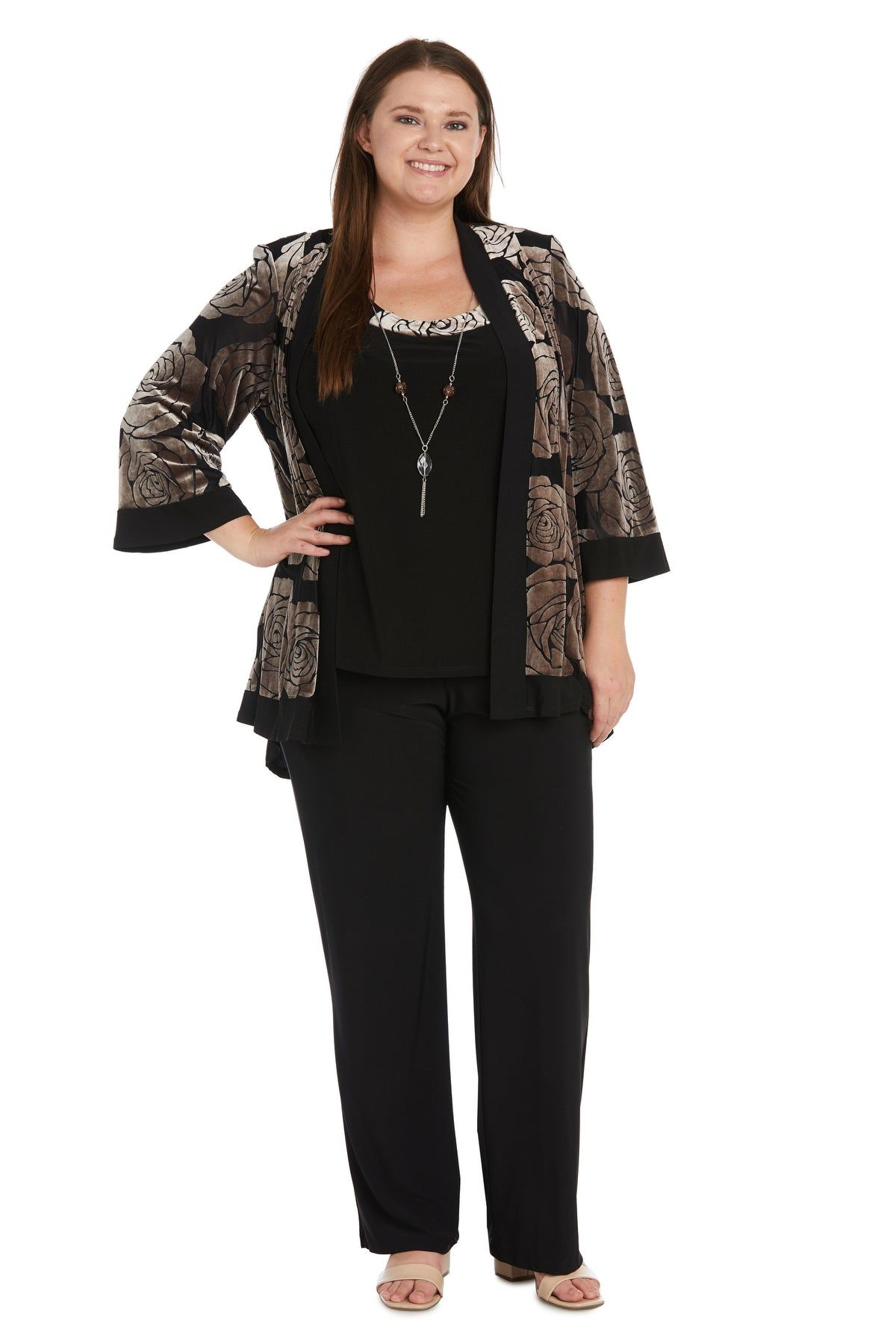 Three-Piece Power Mesh Velvet Jacket and Pant Set with Attached Necklace - Plus sold by R&M Richards product image thumbnail 6