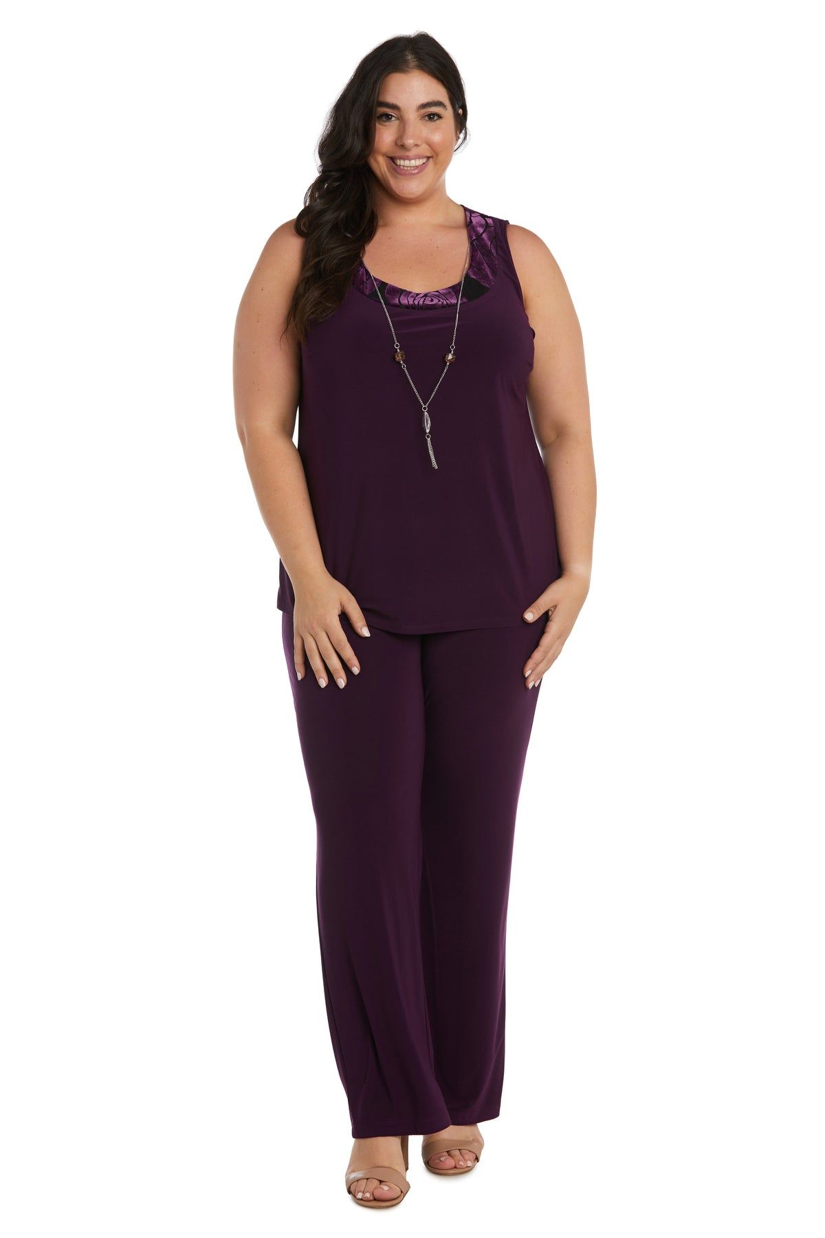 Three-Piece Power Mesh Velvet Jacket and Pant Set with Attached Necklace - Plus sold by R&M Richards product image thumbnail 3