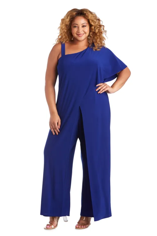 One-Shoulder Flare Jumpsuit with Overlay and Draped Sleeves - Plus sold by R&M Richards