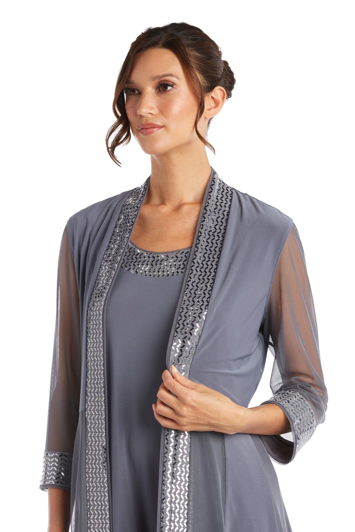Two Piece Dress with Metallic Pattern Neckline and Jacket with Sheer Sleeves - Petite sold by R&M Richards product image thumbnail 5