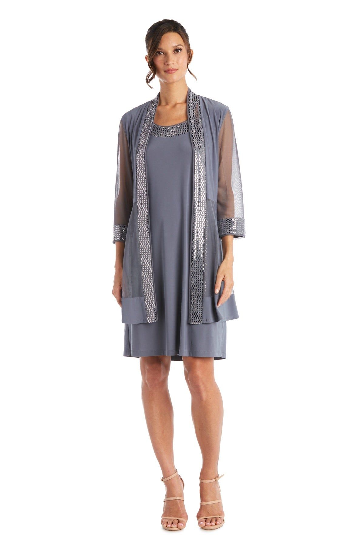 Two Piece Dress with Metallic Pattern Neckline and Jacket with Sheer Sleeves - Petite sold by R&M Richards