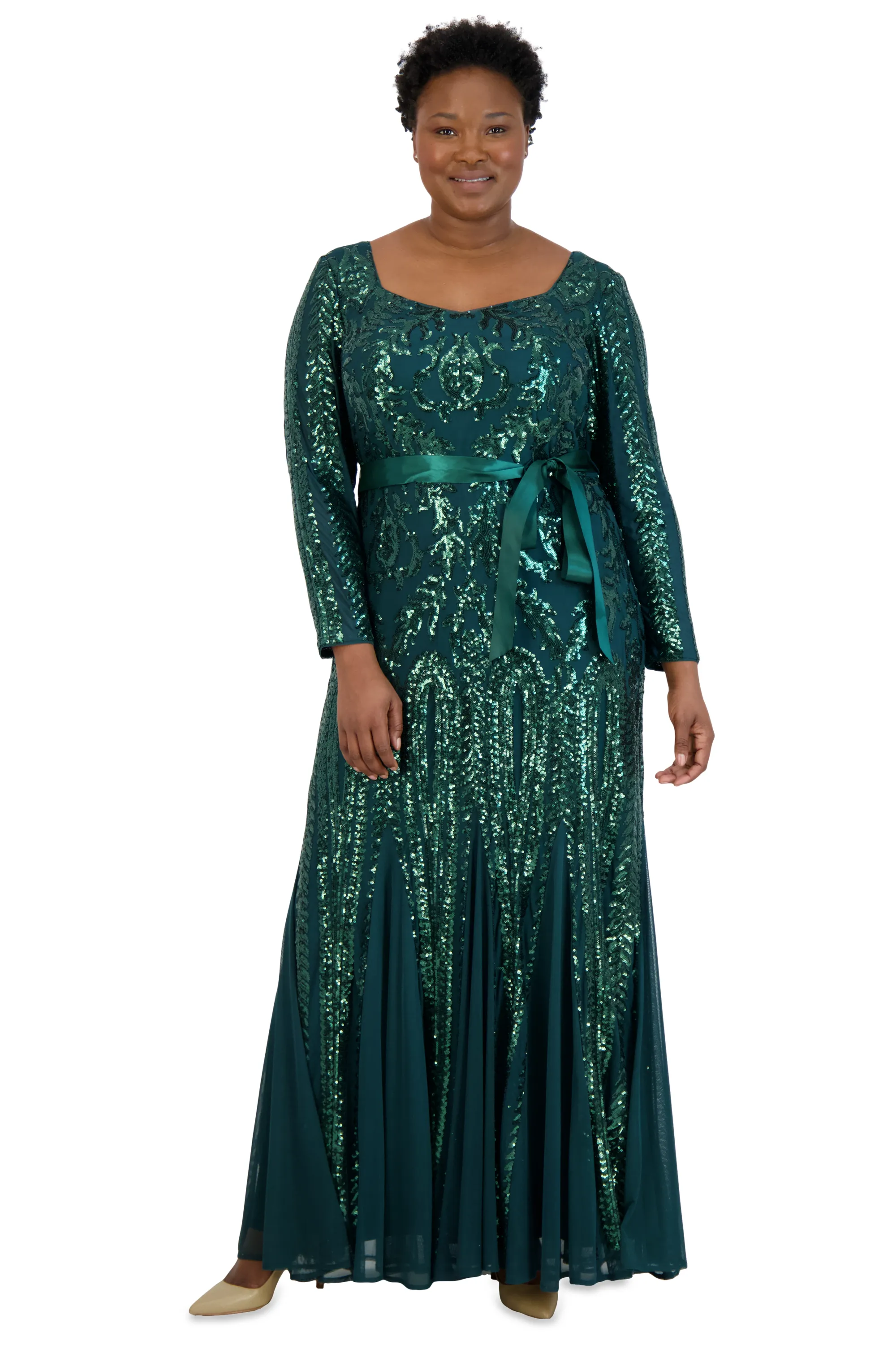 Long Sleeved Sequined Evening Gown - Plus sold by R&M Richards