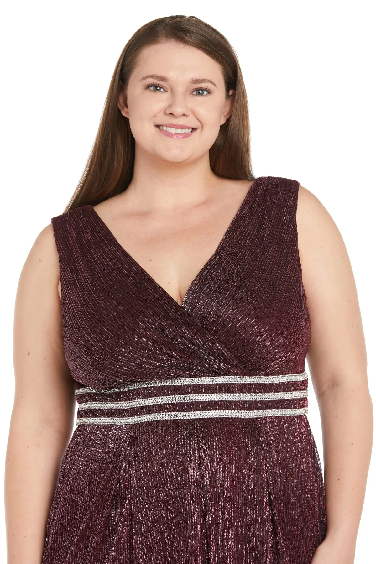 Long Crinkle Pleated Sleeveless Dress with Rhinestone Trio Waistband - Plus sold by R&M Richards product image thumbnail 3