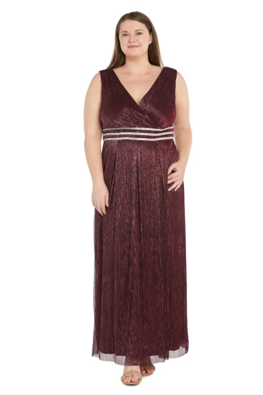 Long Crinkle Pleated Sleeveless Dress with Rhinestone Trio Waistband - Plus sold by R&M Richards
